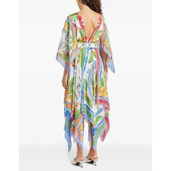 FARM RIO Women's Off-White Tropical Destination Kimono Sleeve Midi Dress Size M - Picture 2 of 10